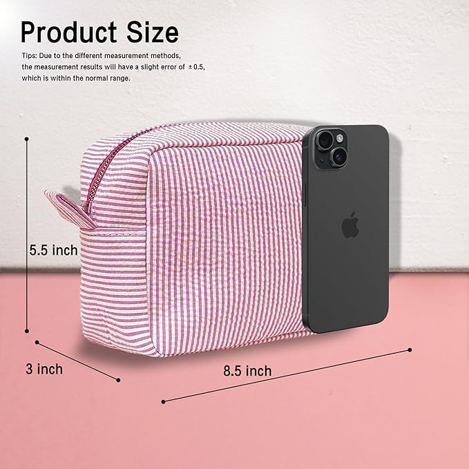 MT WORLD Personalized Makeup Bag Cute Cotton Cosmetic Bag for Women Seersucker Bridesmaid Travel Makeup Bag for Girls Aesthetic Toiletry Bag Organizer Storage Pouch (Red)