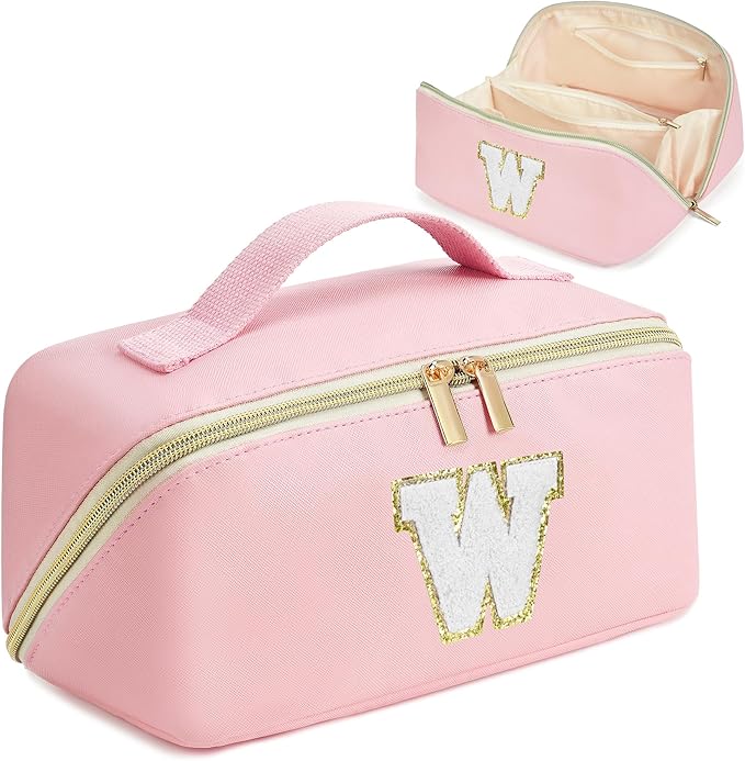 for Christmas Day Gifts, Makeup Bag for Women, PU Leather Travel Toiletry Bags, Initial Make Up Cosmetic Pouch for Teen Girls, Wide Open Portable Skincare Bag, Personalized Birthday Gifts, Pink W