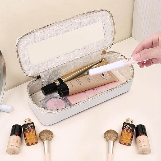Pinkmik Makeup Brush Bag Slim Clear Makeup Bag Transparent Travel Cosmetic Case & Toiletry Bag with Zipper Small Beatuy Makeup Bag Purse Organizer for Women (Beige, SLIM)