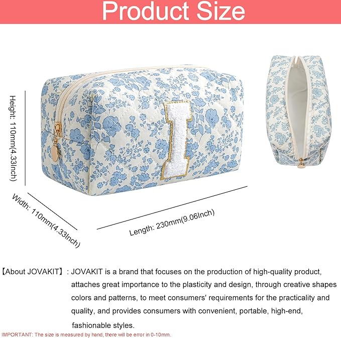 JOVAKIT Alphabet Makeup Bag Cosmetic Bag for Women, Christmas Gifts for Girls Age 6-18, Floral Flowers Coquette Travel Toiletry Zipper Make Up Pouch Organizer Trendy Stuff (Blue Floral I)