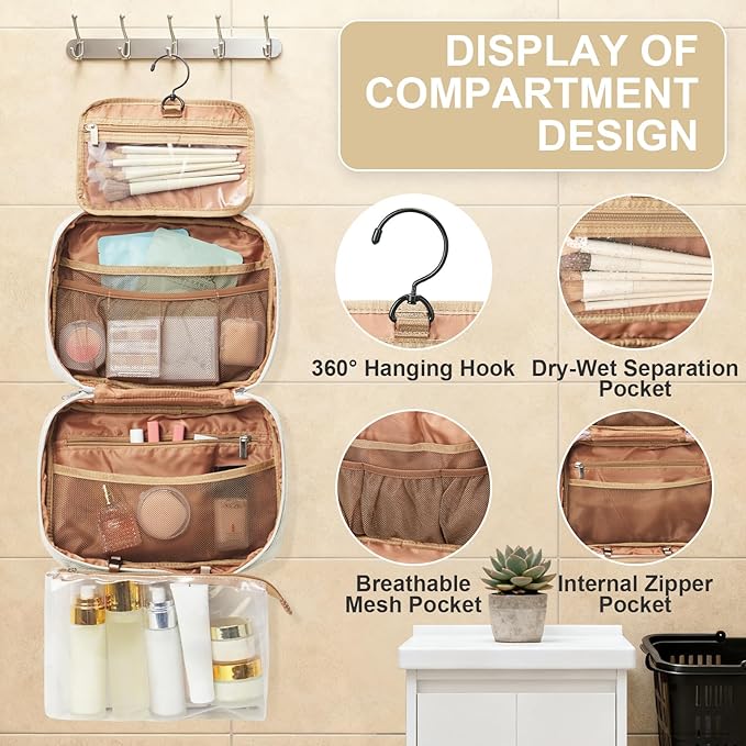 Travel Toiletry Bag For Women Small Hanging Toiletry Travel Makeup Bag lightweight Water-Resistant Toiletries Organizer case portable Cosmetic Bags For Women Beige