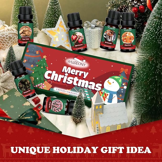 Christmas Fragrance Oils Set, Essential Oils for Diffusers Home, Aromatherapy Oils Gift for Candle Making - Christmas Tree, Apple Cinnamon, Gingerbread, Candy Cane, Sugar Cookie, Hot Chocolate