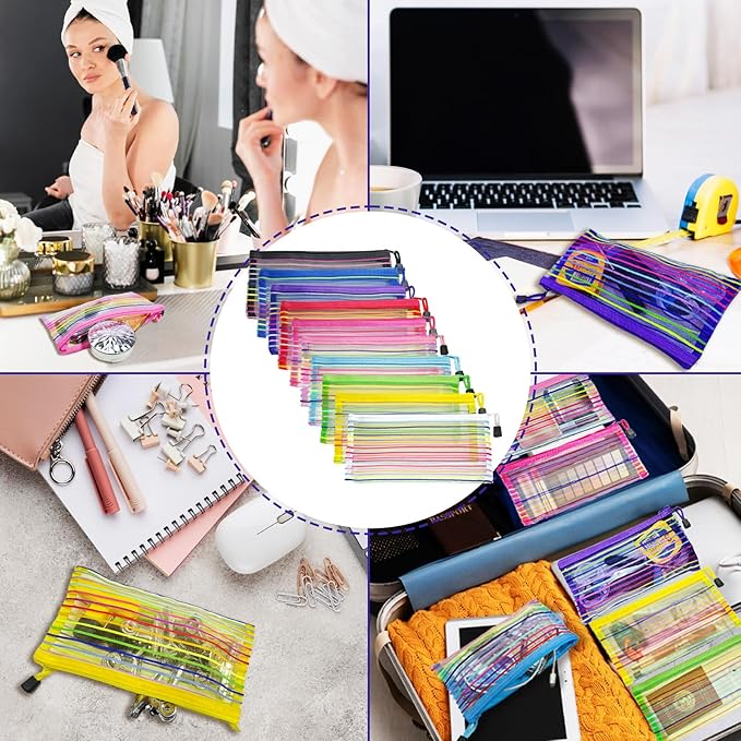 Mesh Bags with Zipper (10 Pack), Small Nylon Makeup Bag Cosmetic Pouches Travel Organizer for Purse Diaper Bag Home Organizing Striped Mix 10 Colors