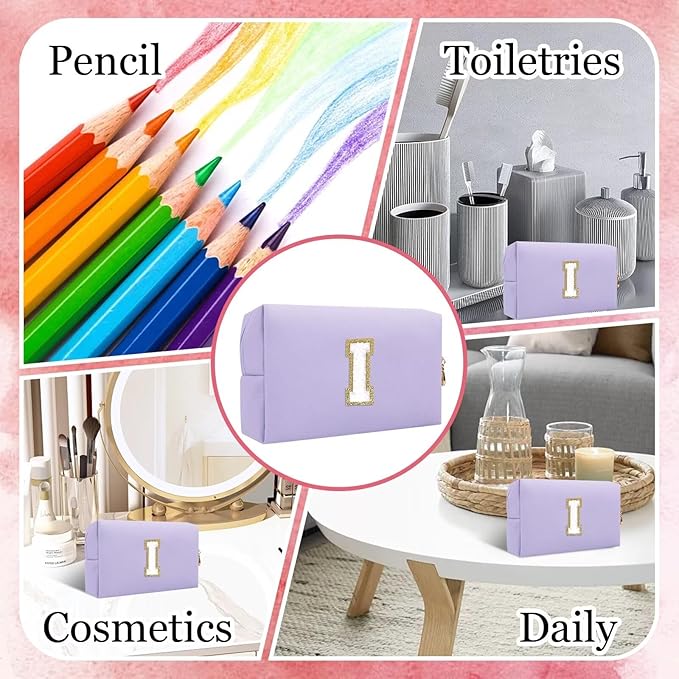 Small Personalized Letter Makeup Bag, Cute PU Leather Chenille Letters Cosmetic Bag Travel Makeup Pouch, Preppy Travel Organizer Zipper Pouch for Women&Girls（Purple-I）