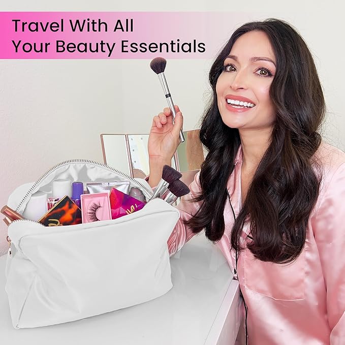 DANCOUR Nylon Makeup Bags for Women Large Preppy Travel Toiletry Pouch Cosmetic Bag Makeup Organizer