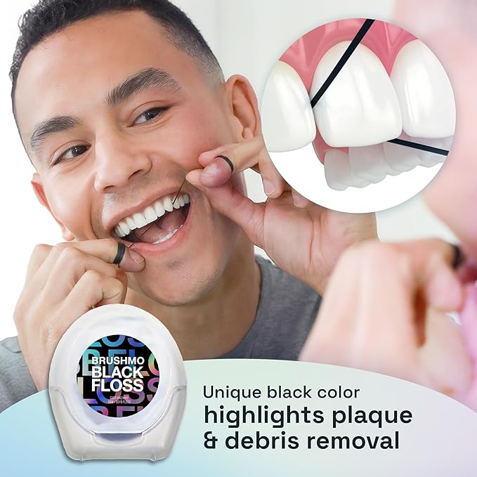 Brushmo Black Floss (BBFloss) - Expanding Floss, Gum-Friendly Soothing Mint Dental Floss, Natural Vegan Wax to Remove Plaque from Teeth, Dentist Designed PTFE & PFAS Free Oral Care, 4 Spools, 220 yd