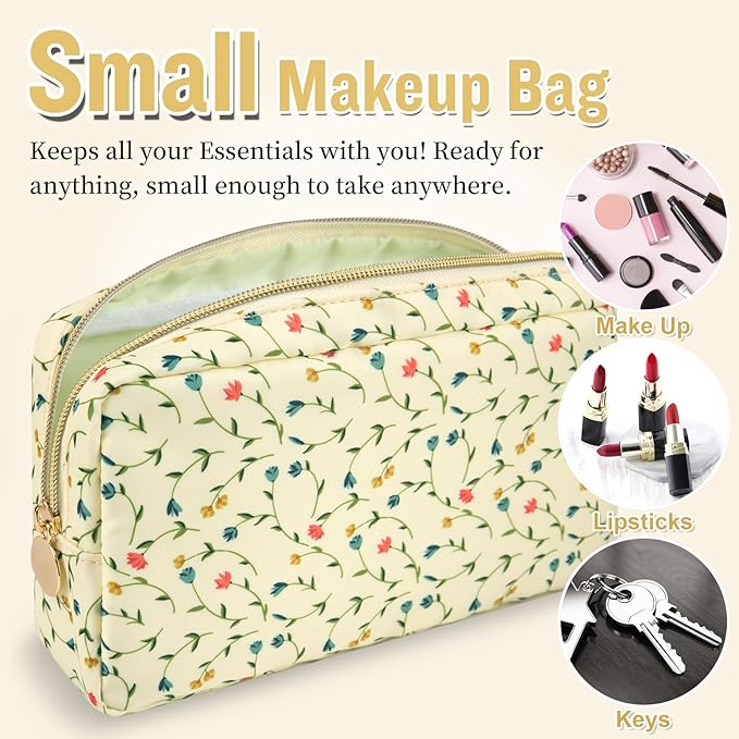 Nylon Small Floral Makeup Bag for Purse, Cute Preppy Makeup Bag Cosmetic Zipper Pouch Purse, Waterproof Portable Travel Toiletry Makeup Brush Bag Organizer Storage for Women Girls(Light Yellow-Flower)