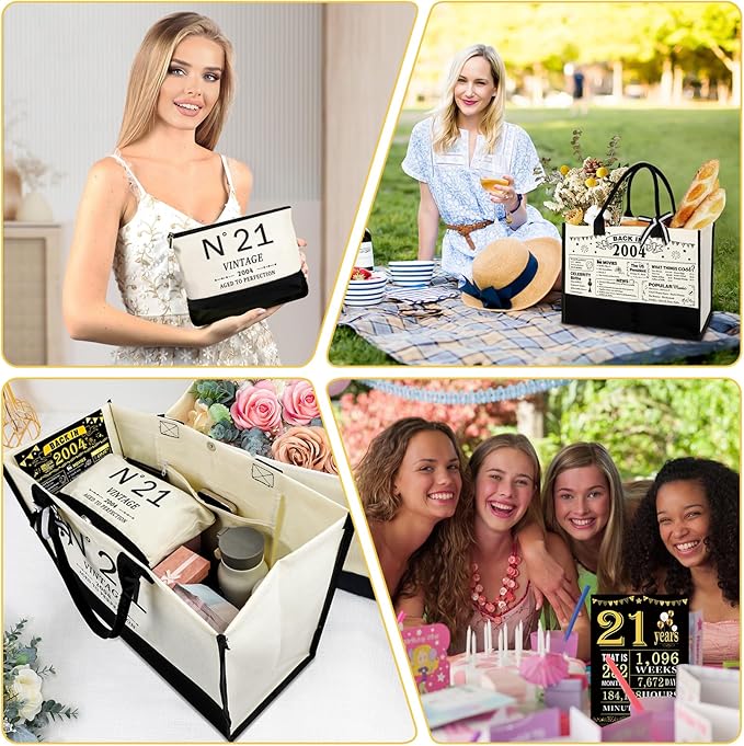 21st Birthday Gifts for Her Canvas Tote Bag Travel Gear, Unique 21 Years Old Gifts for Girlfriend Sister Coworker Friends Classmate Women, Vintage N°21 Handbag & Cosmetic Bag & Back in 2004 Poster