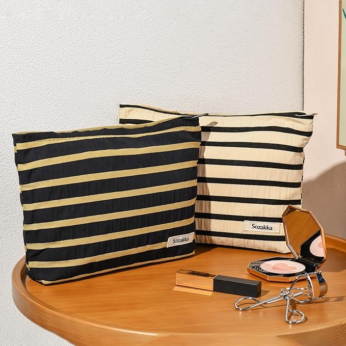 SOIDRAM 2 Pieces Makeup Bag Large Stripe Cosmetic Bag Capacity Canvas Travel Toiletry Bag Organizer Cute Makeup Brushes Aesthetic Accessories Storage Bag for Women, Stripe L Black White