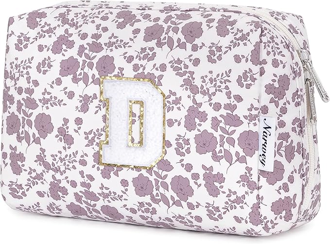 Narwey Birthday Gifts for Teen Girls Kids Women Personalized Initial Floral Makeup Bag Cute Cosmetic Trendy Stuff 6 8 10 11 12 13 14 16 18 Years Old Travel Toiletry Bag (Little Dusty Pink Flower D)