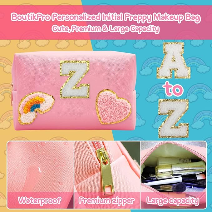 Personalized Inital Preppy Makeup Bag Set with Zipper, Monogram Waterproof Travel Cosmetic Bag for Women, Cute Preppy Patch Toiletry Bag for Traveling Outdoors, Gift Ideal for Christmas Thanksgiving