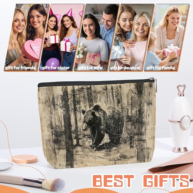 Makeup Bag Travel Cosmetic Bags Small Makeup Case Waterproof Zipper Pouch for Women Girls 7X9inches - Brown Bear Roaming Through A Textured Forest