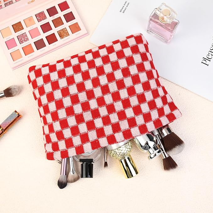 SOIDRAM 2 Pcs Checkered Makeup Bag Large Cosmetic Bag Toiletry Bag Makeup Pouch Travel Bag Organizer Cute Makeup Brushes Aesthetic Accessories Storage Bag for Women Red