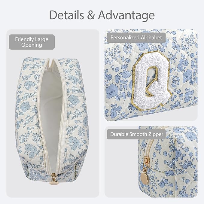 Gleyemor Personalized Initial Makeup Bag for Women, Cute Quilted Blue Floral Cotton Cosmetic Bag, Christmas Gifts for Her Mom Friend Sister Bridesmaid Teacher Women Q