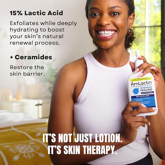 AmLactin Intensive Healing Body Lotion - Therapeutic Lotion for Extremely Dry Skin - No-Scrub Exfoliator and Moisturizer with 15% Lactic Acid AHA and Ceramides, 14.1 oz (Packaging May Vary)
