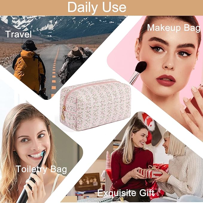 Makeup Bag Travel Cosmetic Bag for Women Girls, Zipper Make Up Pouch, Floral Flowers Toiletry Organizer Makeup, Portable Storage Cosmetic Travel Cloth Bag (2 Pack (L+S)/Pink Floral)