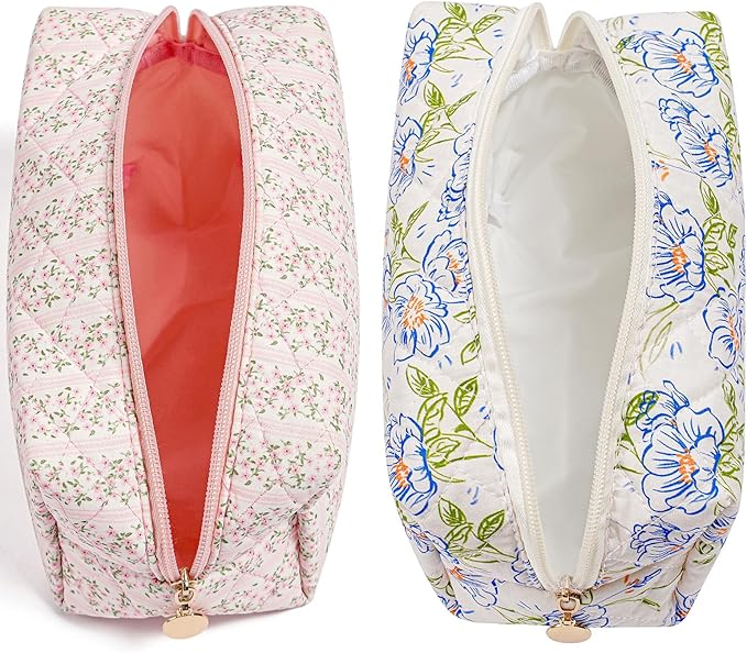 Makeup Bag Travel Cosmetic Bag for Women Girls, Zipper Make Up Pouch, Floral Flowers Toiletry Organizer Makeup, Portable Storage Bag, Cosmetic Travel Cloth Bag (Pink+Large Blue Flowers)