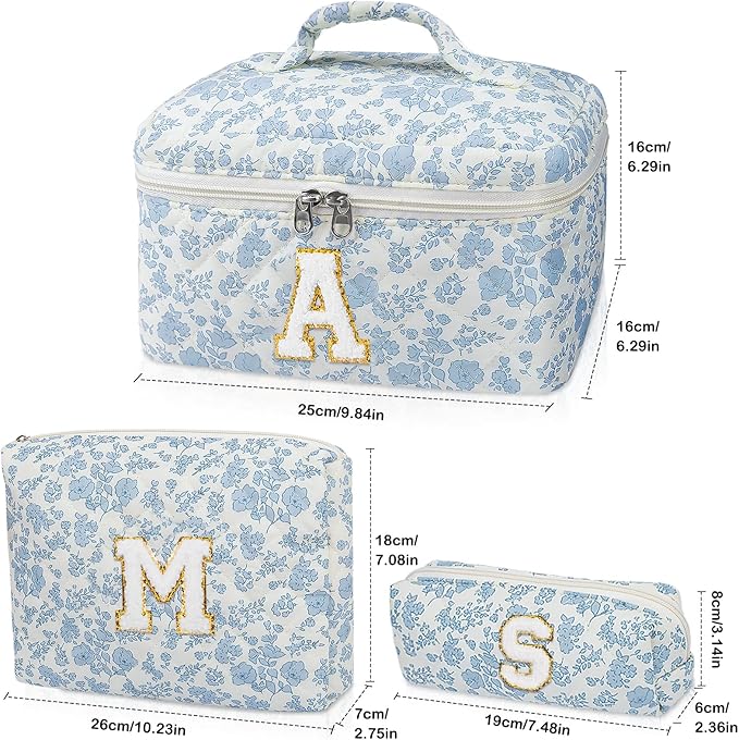 Initial Makeup Bag Set, Personalized Quilted Makeup Bag, Large Floral Cosmetic Bag for Women, Cute Cotton Custom Make up Bags, Flower Travel Toiletry Bag Teen Girl Gift Blue Flower S