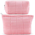 ZLFSRQ 2Pcs Makeup Bag for Women Trendy Large Capacity Cosmetic Bags Plush Pencil Case Pink Checkered Pouch for Purse Coquette Zippered Toiletry Bag Organizer Y2K Aesthetic Pencil Pouch