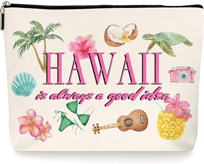 Hawaii is Always a Good Idea Makeup Bag - Vintage Retro Cosmetic Case with Zipper, Colorful Travel Vacation Essentials. (101)