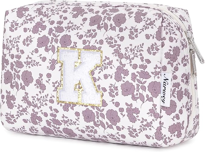 Narwey Birthday Gifts for Teen Girls Kids Women Personalized Initial Floral Makeup Bag Cute Cosmetic Trendy Stuff 6 8 10 11 12 13 14 16 18 Years Old Travel Toiletry Bag (Little Dusty Pink Flower K)