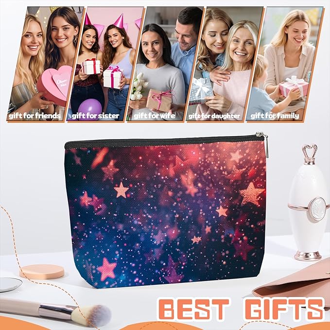 Makeup Bag Travel Cosmetic Bags Small Makeup Case Waterproof Zipper Pouch for Women Girls 7X9inches - Stars in A Blurred Galaxy of Reds And Blues