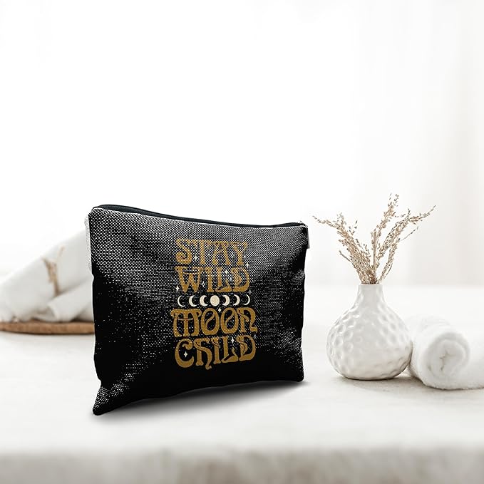 Nogrit Tarot Makeup bag,Moon Child Cosmetic Bag,Stay Wild Moon Child,Inspirational Makeup bag,Spiritual Travel Toiletry Bag,Motivational Gifts for Tarot Astrology Lovers Women