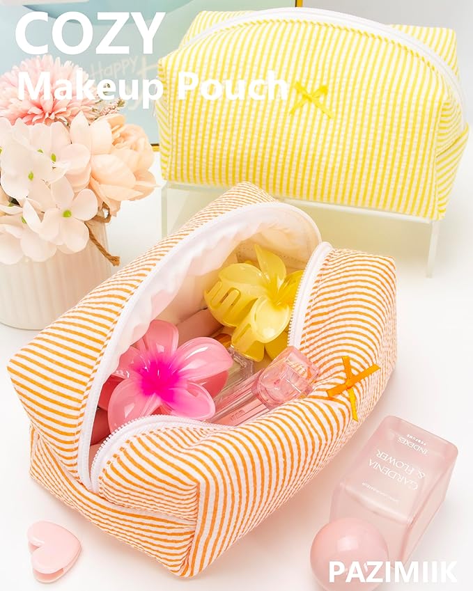 PAZIMIIK Cozy Makeup Bag Small Aesthetic Travel Zipper Cosmetic Pouch for Women Make Up Beauty Accessories Brushes, Stripe Orange