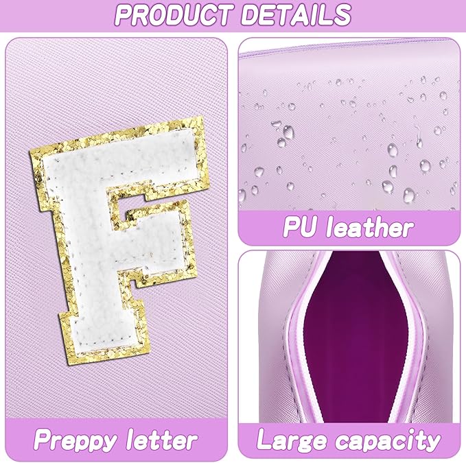 Gifts for Girls Initial Makeup Bag Personalized Cosmetic Bag with Zipper Cute Travel Toiletry Bag Waterproof PU Preppy Makeup Pouch Birthday Gift for Teen Girls Women(Purple F)