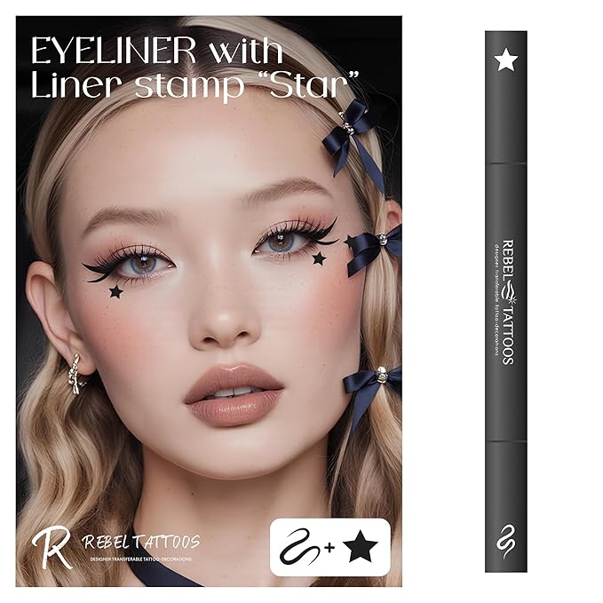 2-in-1 Eyeliner Stamp, Pigmented Intense Black Formula, Smudge-Budge Proof, Sweatproof, 24 Hour Stay Eyeliner Stamp Star Butterfly or Heart (Black Star)