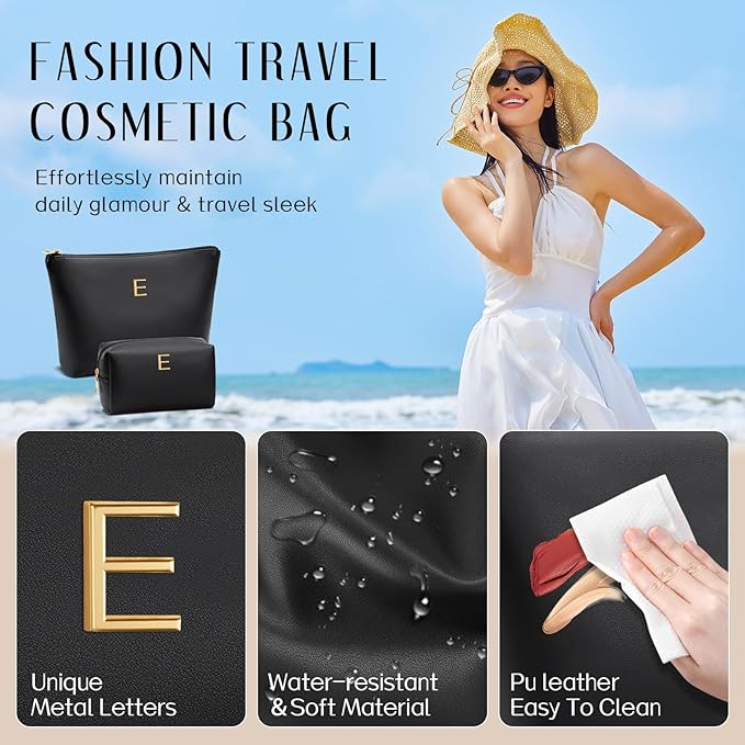 Women Gifts | Initial Makeup Bag Set for Girl Personalized Gifts for Bridesmaid Friend Graduation Teachers PU Leather Cosmetic Travel Toiletry Bag(Black,E)