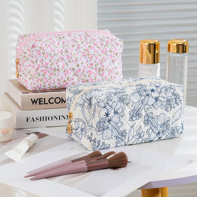 Makeup Bag Travel Toiletry Bag for Women, Small Cosmetic Bags Cute Quilted Cotton Makeup Pouch for Purse Emergency Bag for School Floral Pencil Case Accessory Bag, Light Cyan