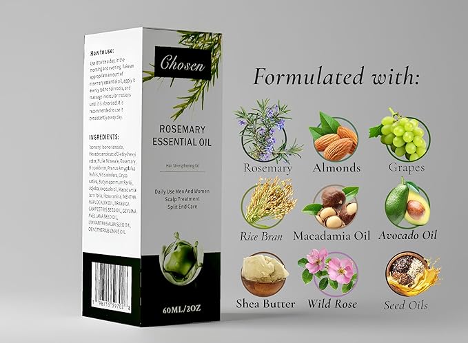Chosen Hair Oil, Rosemary Essential oil & Mint Hair Oil, Split Ends & Dry Scalp Treatment - Made with Rice Bran &Essential Oils for strengthening, Moisturizing & Encouraging Healthier Hair