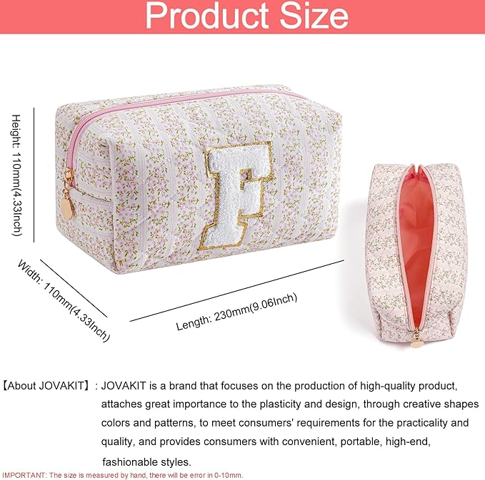 JOVAKIT Alphabet Makeup Bag Cosmetic Bag for Women, Christmas Gifts for Girls Age 6-18, Floral Flowers Coquette Travel Toiletry Zipper Make Up Pouch Organizer Trendy Stuff (Pink Floral F)