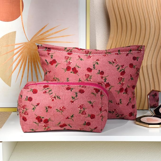 SOIDRAM 2 Pieces Rose Makeup Bag Large Cosmetic Bag Capacity Canvas Mix Travel Toiletry Bag Organizer Cute Makeup Brushes Aesthetic Accessories Storage Bag for Women, Rose Mix Green Red