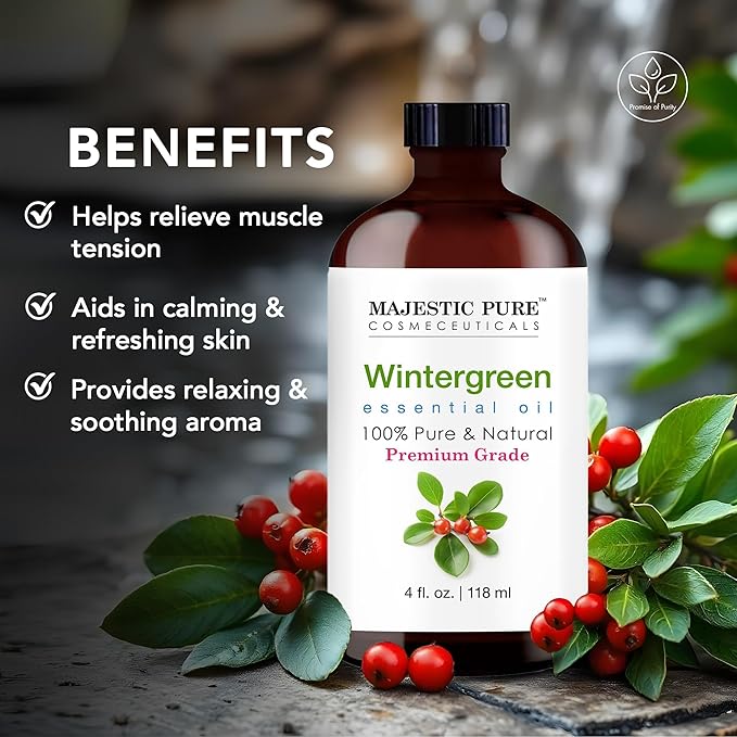 Majestic Pure Wintergreen Essential Oil with Glass Dropper - 4 Fl Oz - 100% Pure and Natural Wintergreen Oil - Premium Grade Essential Oils for Diffuser, Aromatherapy, Soap and Candle Making