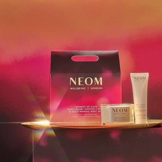 NEOM Moment of Calm Gift Set I Contains Real Luxury Travel Candle 75g Real Luxury Multi-Mineral Body Milk 30ml I 100% Natural scents I Lavender, Jasmine and Sandalwood