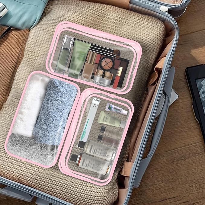 16 Pieces Clear Makeup Bags Bulk, TSA Approved Toiletry Bags Travel Pouch, Waterproof PVC Plastic Small Clear Cosmetic Bags with Zipper for Organizing (Pink Border)