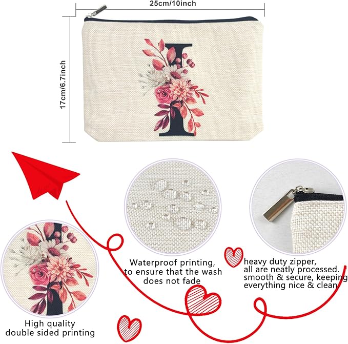 Initial A-Z Personalized Floral Makeup Bag, Monogrammed Birthday Gifts for Women Mom, Mothers Day Christmas Gift Ideas for Best Friend, Bride Bridesmaid, Her, Grandma, Small Travel Cosmetic Bag (I)