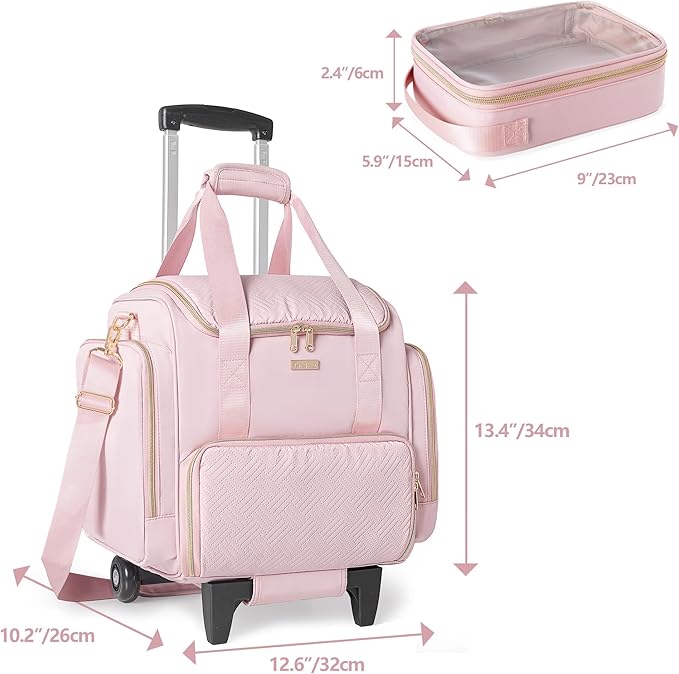 Rolling Makeup Case with 4 Removable Bags, Professional Makeup Train Case with Wheels, Makeup Artist Travel Bag with Brushes Storage Section, Pink (Patent Design)