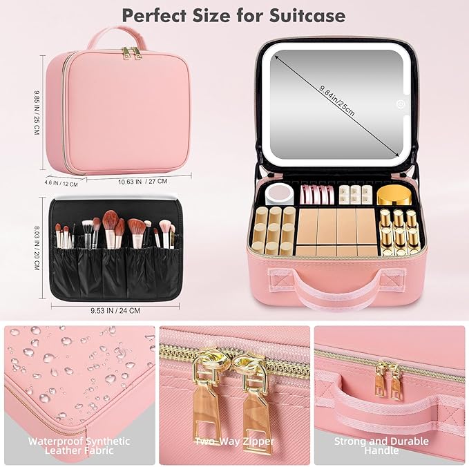 Makeup Bag with Mirror and Light, Travel Makeup Train Case with LED Lighted Removable Mirror, Portable Cosmetic Organizer Make up Bag with 3 Colors Dimming Light, Adjustable Dividers & Brush Board