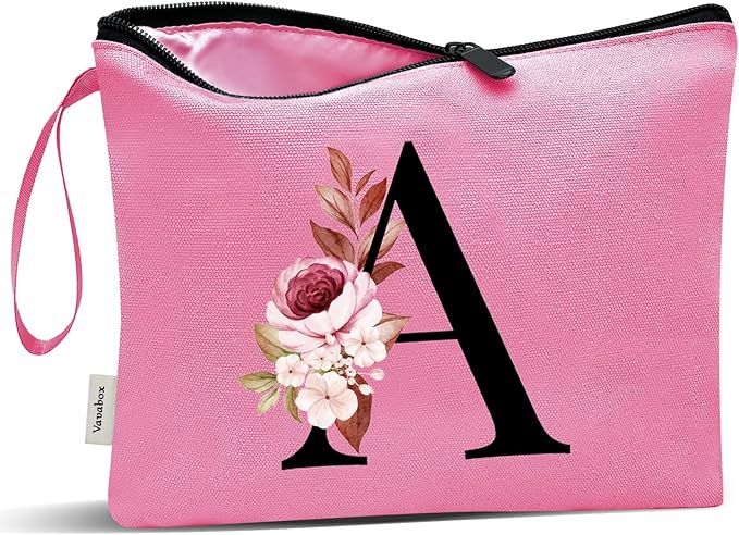 Vavabox A-Z Personalized Makeup Bag, Birthday Gifts for Women Mom, Gifts for Best Friend, Bride Bridesmaid Cosmetic bag (A, Peach)