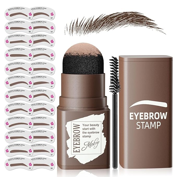 Eyebrow Stamp Stencil Kit - Long-Lasting Eyebrow Powder with Brush, Waterproof & Smudge-Proof Brow Shaping Kit with 24 Reusable Thin & Thick Eyebrow Stencils for Voluminous Brow (Black Brown)