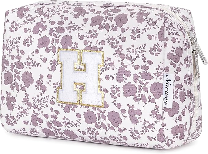 Narwey Birthday Gifts for Teen Girls Kids Women Personalized Initial Floral Makeup Bag Cute Cosmetic Trendy Stuff 6 8 10 11 12 13 14 16 18 Years Old Travel Toiletry Bag (Little Dusty Pink Flower H)