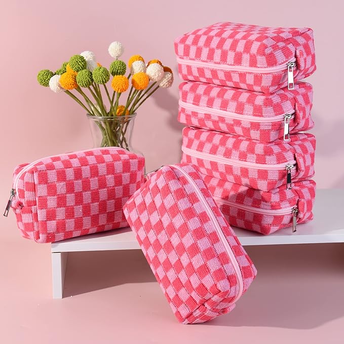 SOIDRAM Checkered Makeup Bag Preppy Cosmetic Bag Bulk Pink Makeup Pouch Personalize Travel Toiletry Bag Organizer Cute DIY Makeup Brushes Storage Bag for Women
