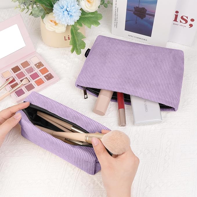 MAGEFY Small Makeup Bag 2 PCS Corduroy Make up Bag for Purse Large Capacity Travel Cosmetic Bag for Women Zipper Makeup Pouch for Travelling Preppy Stuff - Purple