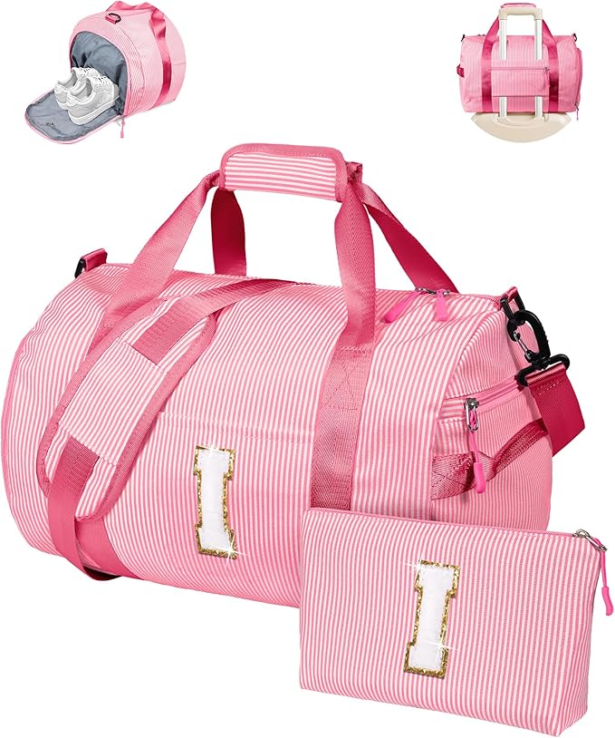 Birthday Gift for Granddaughter, Girls Travel Duffle Bag, Kids Initial Overnight Bags with Shoe Compartment, Personalized Weekend Bag with Makeup Pouch, Gifts for Teenage Girl (Letter I)