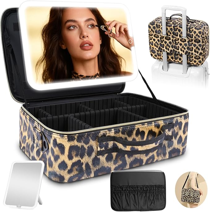 15''X11'' Large Makeup Bag with Removable Lighted Mirror, Professional Travel Make up Bag with Mirror and Light Cosmetic Train Case Organizer, PU Leather with Adjustable Dividers & Brush Storage Board