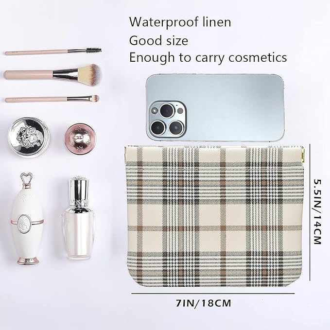 Leather Pocket Cosmetic Bag for Purse,Coin Purse Lipstick Cosmetic Accessories Organizer, Travel Kit Storage Pouch,Waterproof Portable No Zipper Self-closing (Tartan)