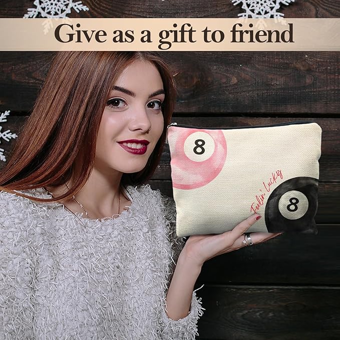 Retro Pink and Black Lucky 8 Ball Makeup Bag, Funky Preppy Cosmetic Bags for Women, Preppy Stuff Makeup Pouch, Feeling Lucky Zipper Pouch